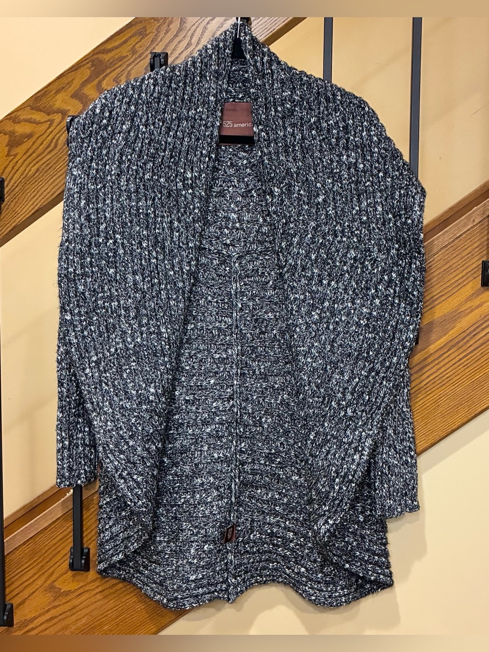 525 america Cardigan Sweater shawl neck Open Front Marled Knit Black White SZ.Lg